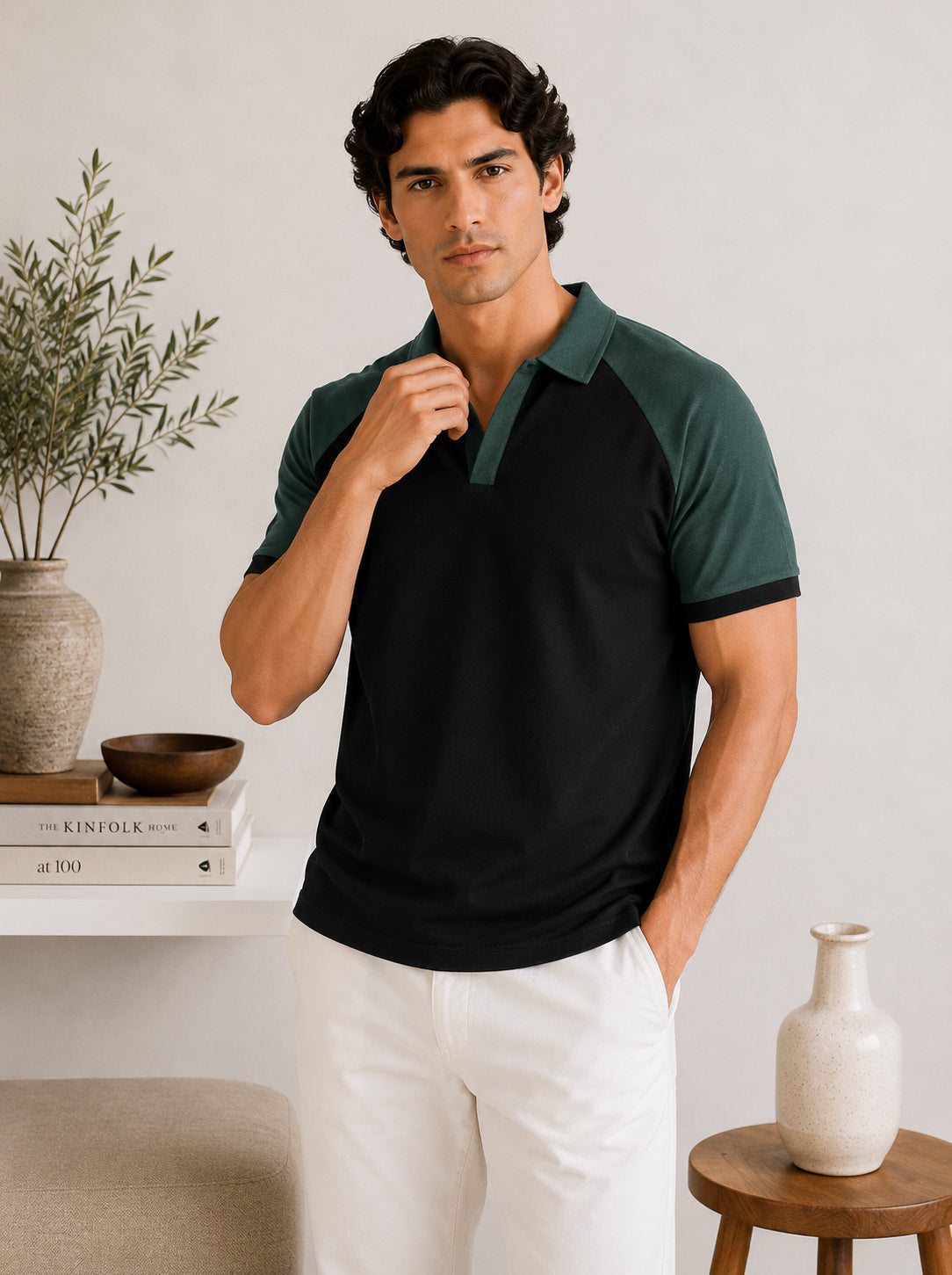 Black & Green Contrast Raglan Polo - Men