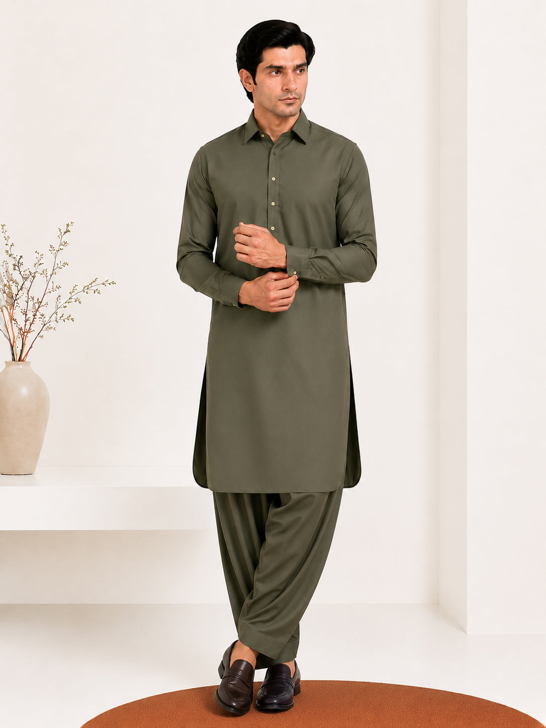 Olive Green French Collar Kameez Shalwar - Men