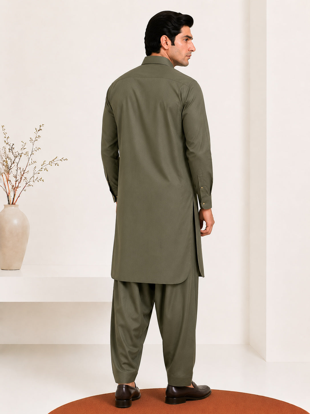 Olive Green French Collar Kameez Shalwar - Men