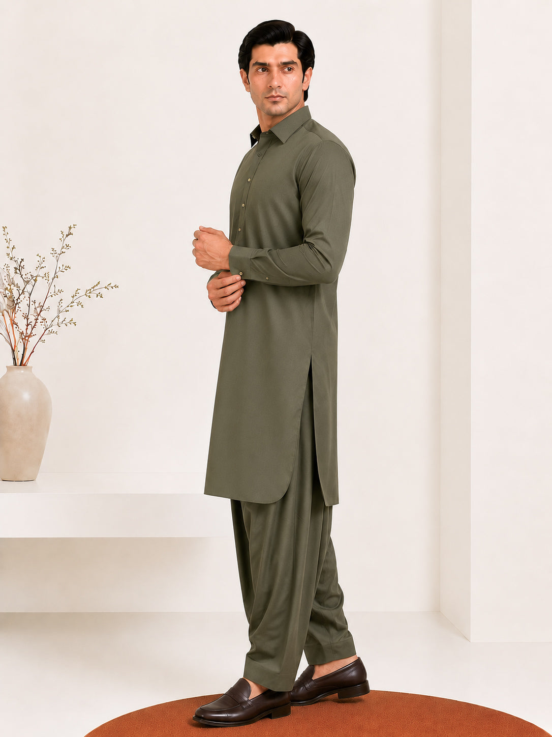 Olive Green French Collar Kameez Shalwar - Men - Men