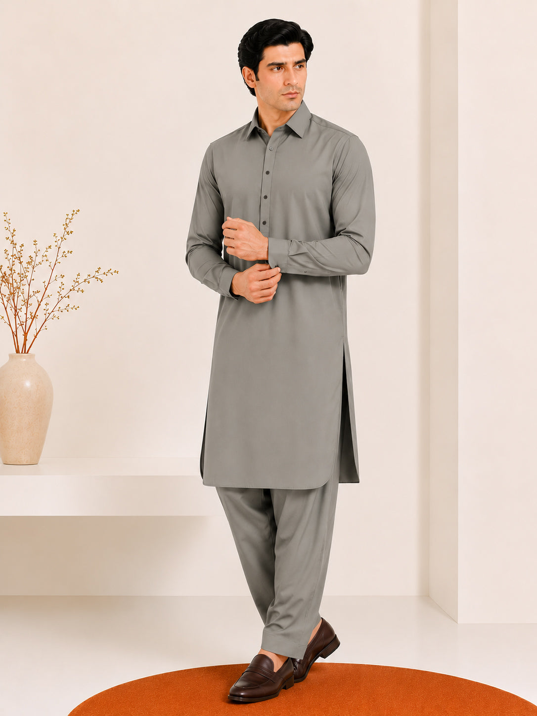 Sand Grey French Collar Kameez Shalwar - Men