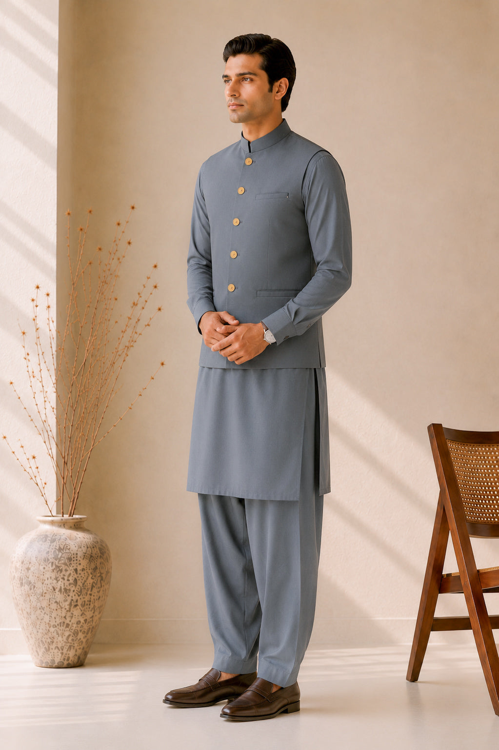 Bluish Grey Kurta Shalwar with Suiting Waistcoat - Straight Cut - Men