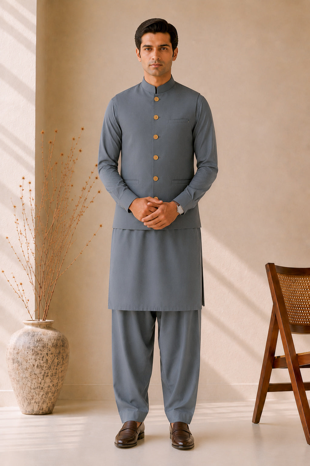 Bluish Grey Kurta Shalwar with Suiting Waistcoat - Straight Cut - Men