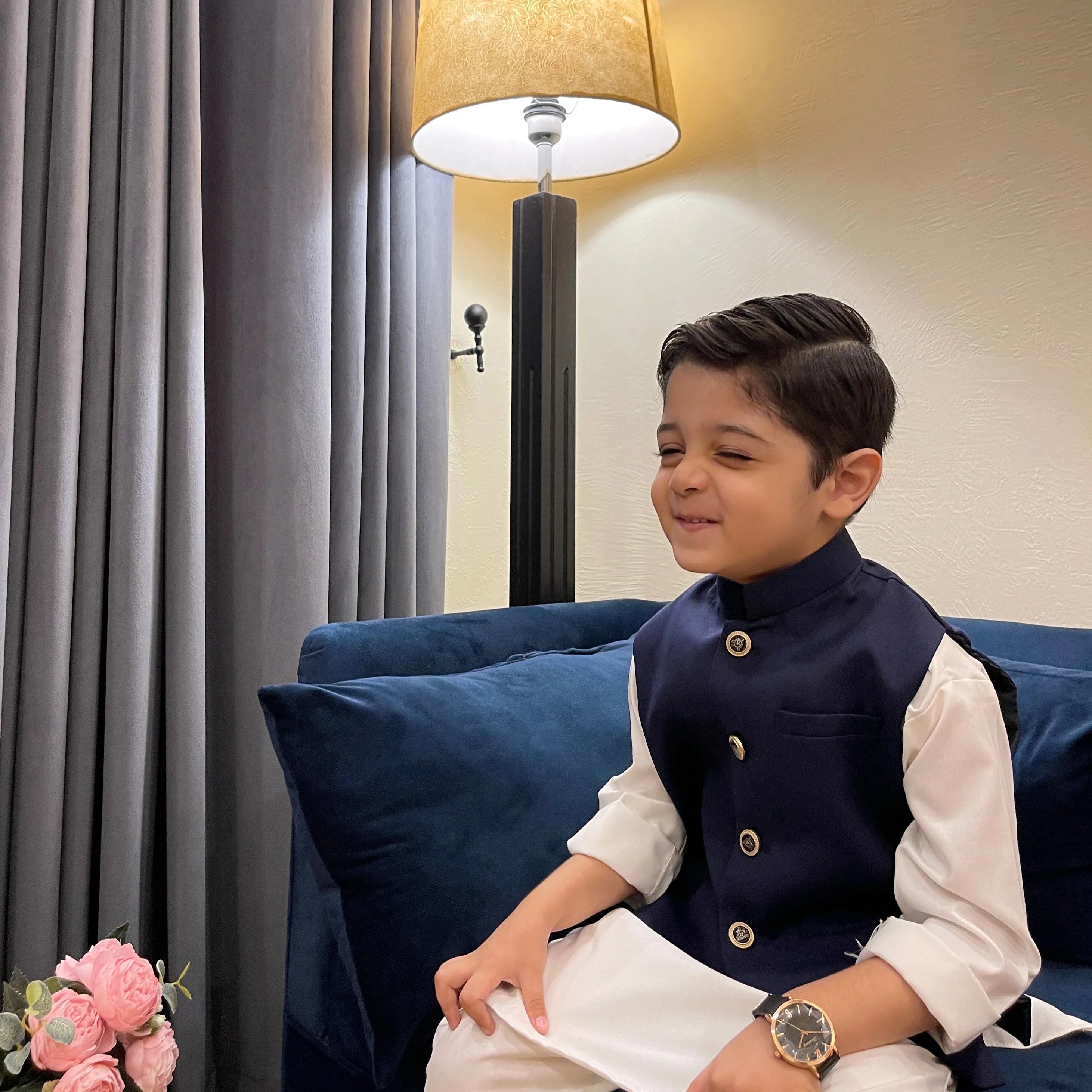 Navy Blue waistcoat and Off-White Kurta Trouser - Kidswear - 3PC