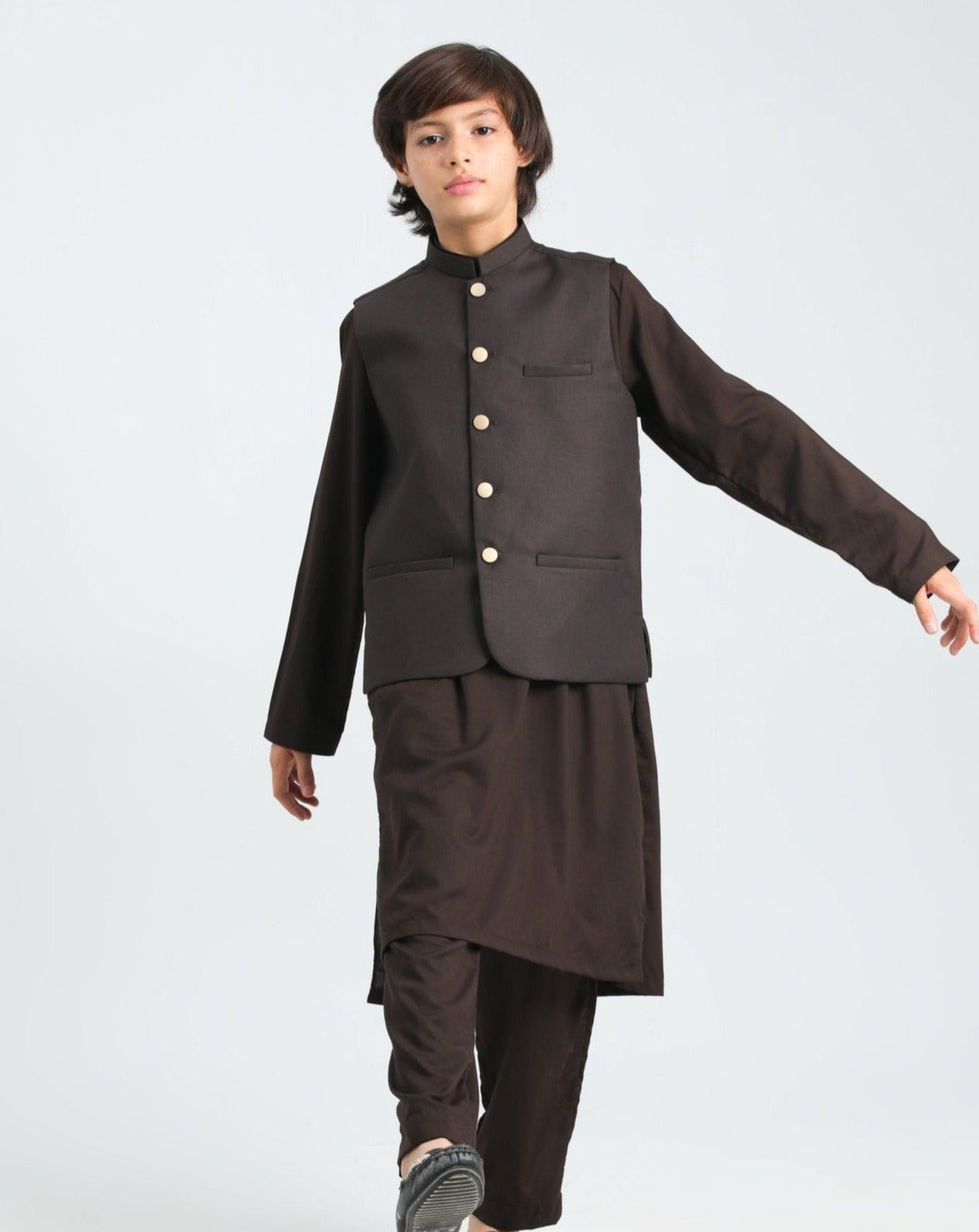 Brown Shalwar Kameez and Waistcoat- 3PC Set - Kids