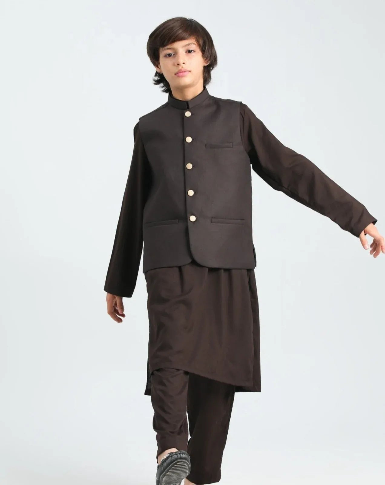 Brown Shalwar Kameez and Waistcoat- 3PC Set - Kids