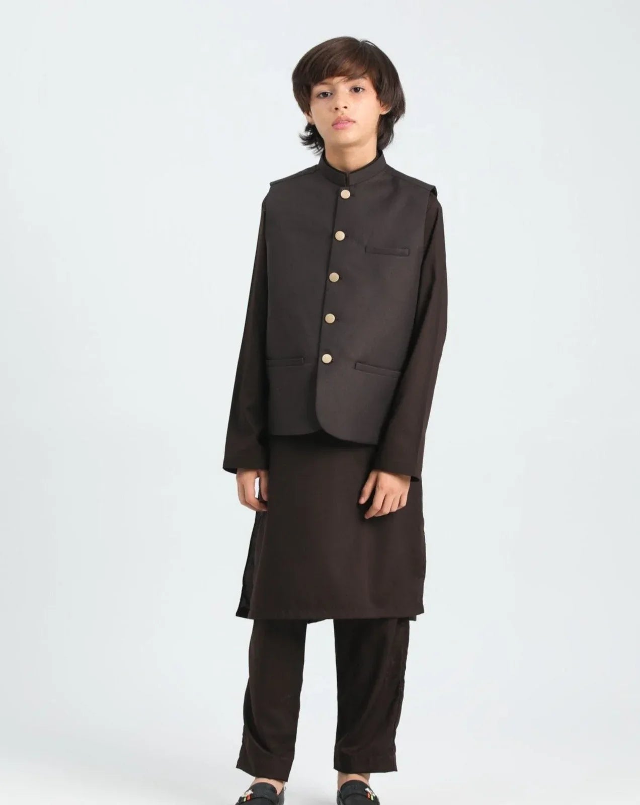 Brown Shalwar Kameez and Waistcoat- 3PC Set - Kids