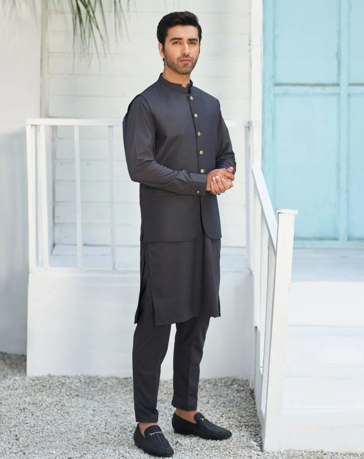Charcoal Grey Shalwar Kameez and Waistcoat - 3PC - Men