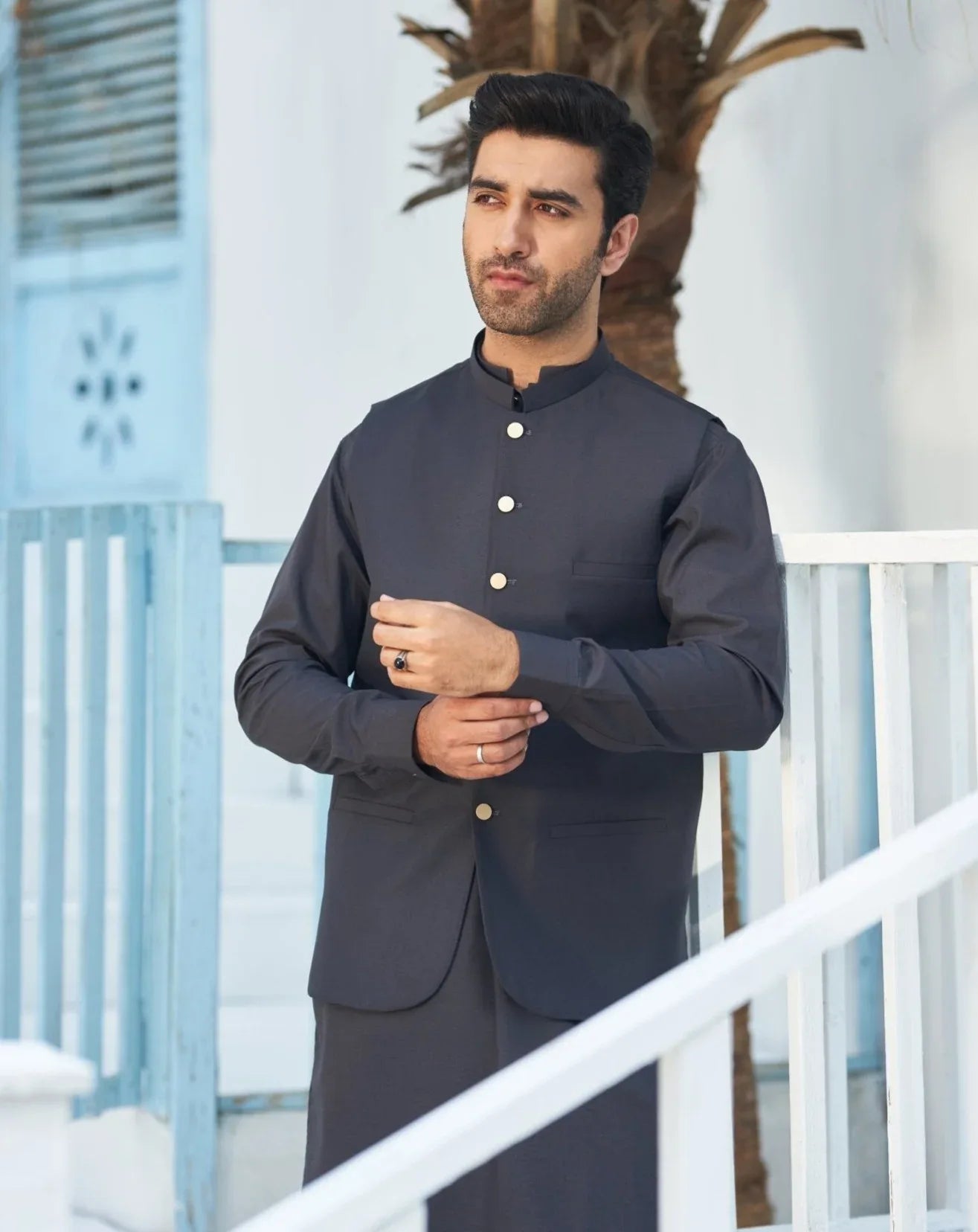 Charcoal Grey Shalwar Kameez and Waistcoat - 3PC - Men