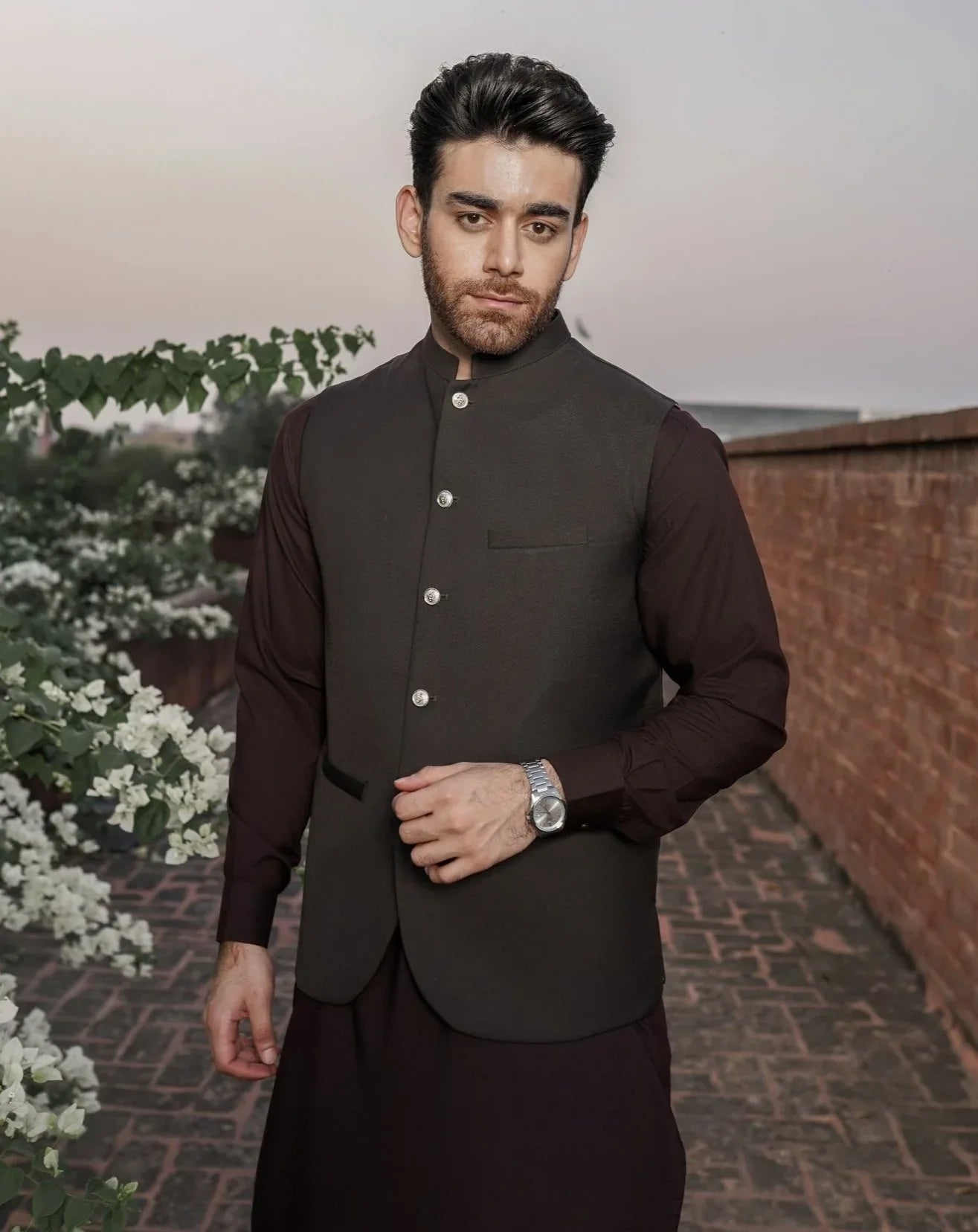 Dark Brown Shalwar Kameez and Waistcoat - 3PC - Men