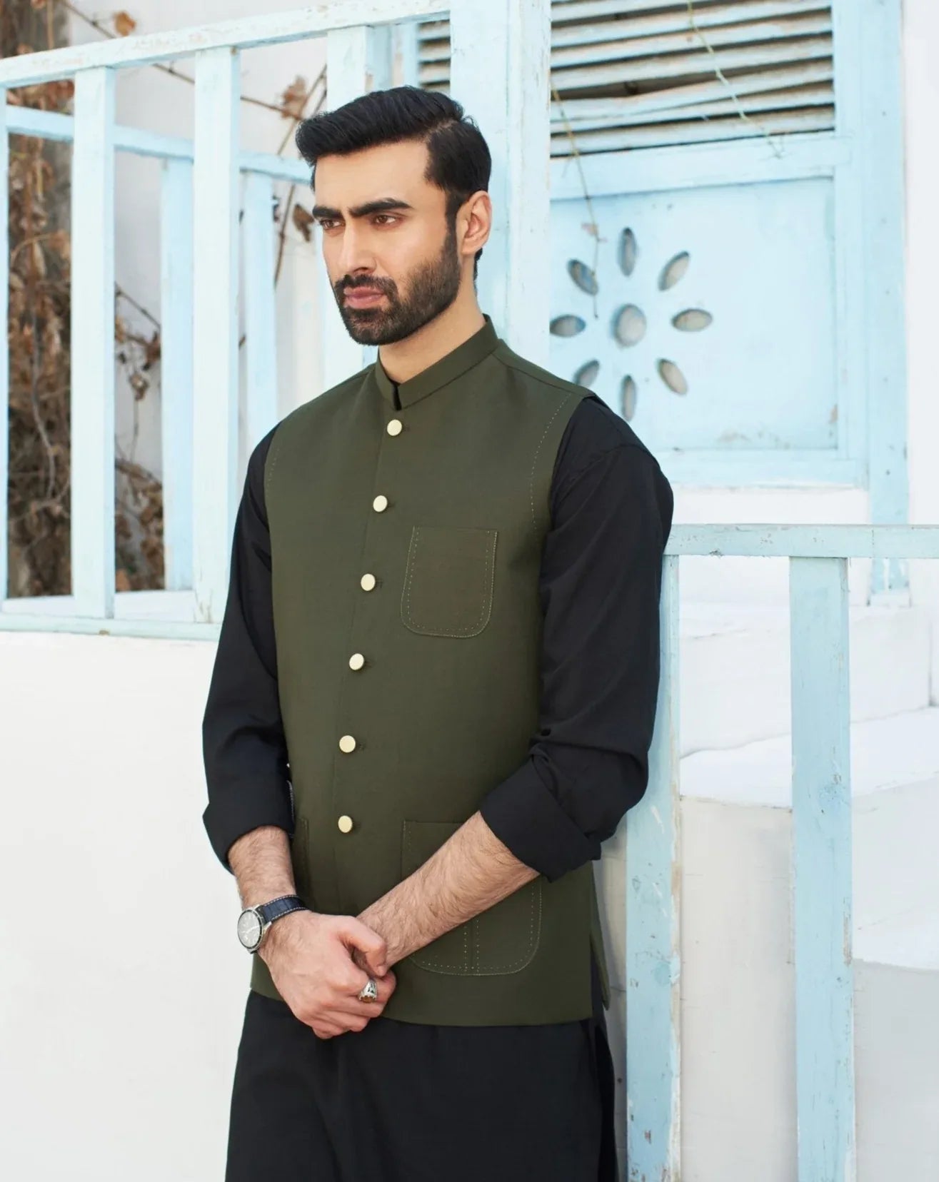 Army Green waistcoat on Black kurta trouser - 3PC - Men