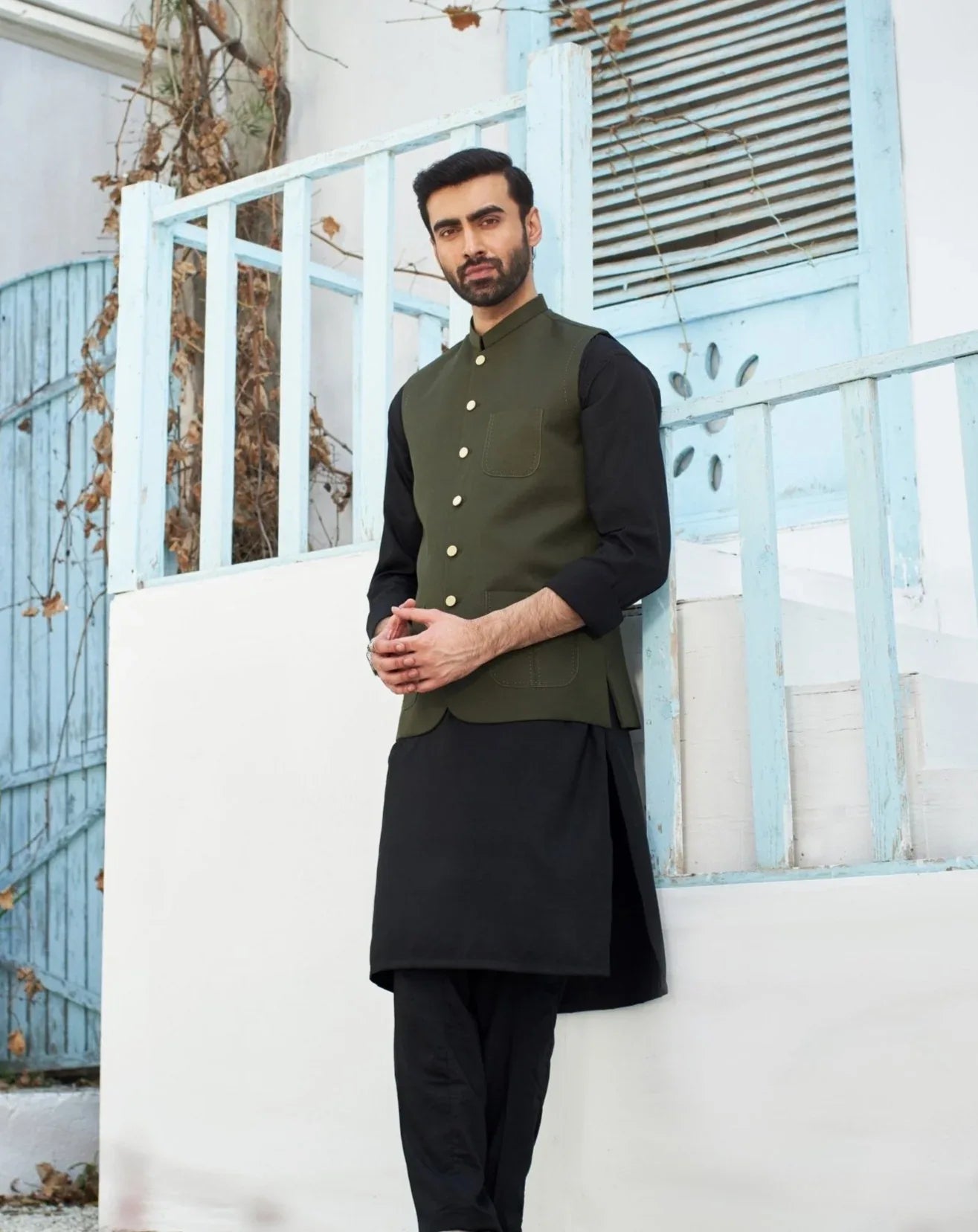 Army Green Waistcoat with Black Shalwar Kameez Menswear New
