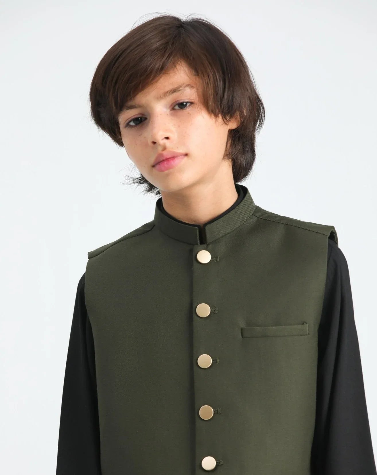 Army Green waistcoat on Black Kurta trouser - Kidswear - 3PC