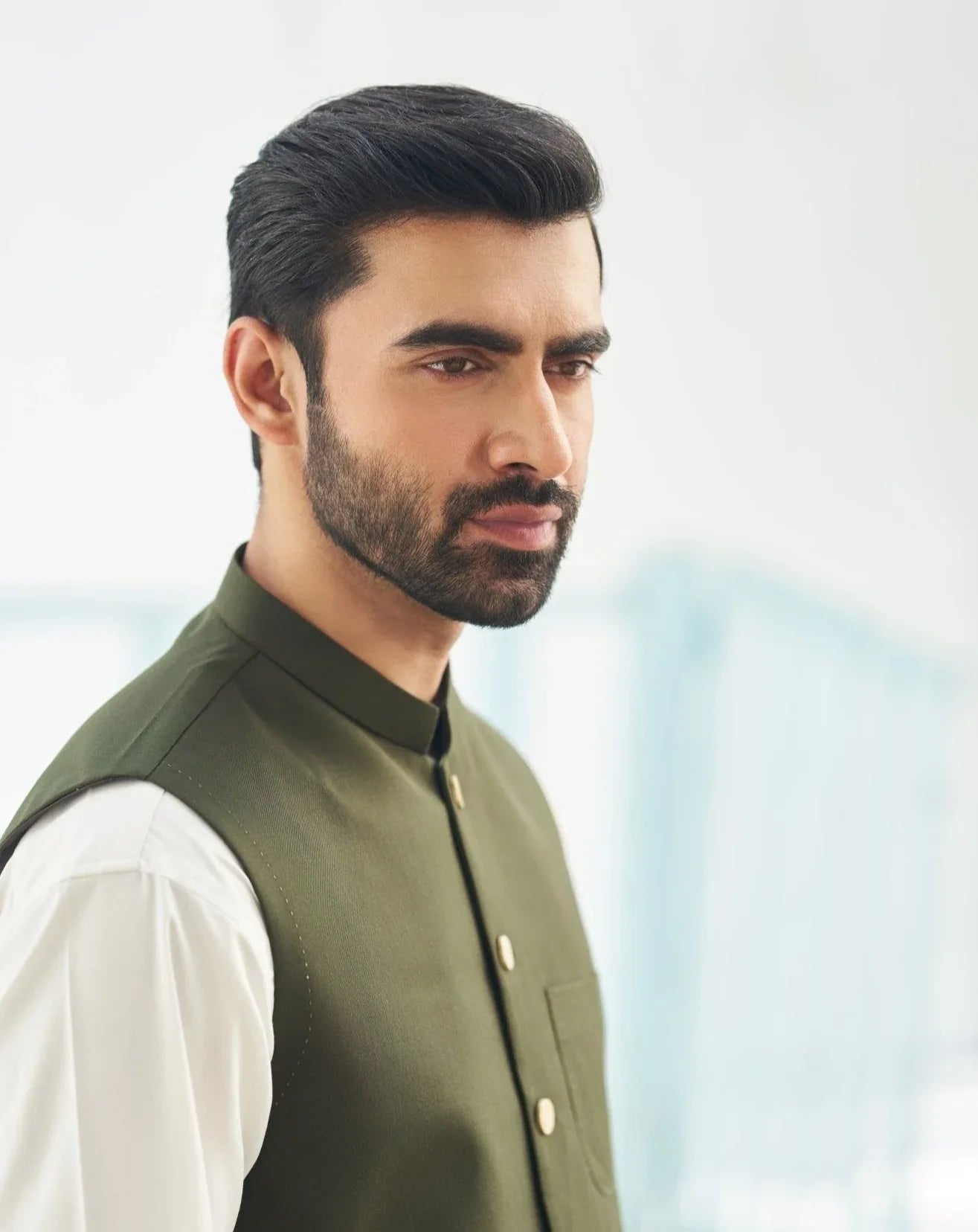 Army Green waistcoat on off White kurta trouser - 3PC - Man