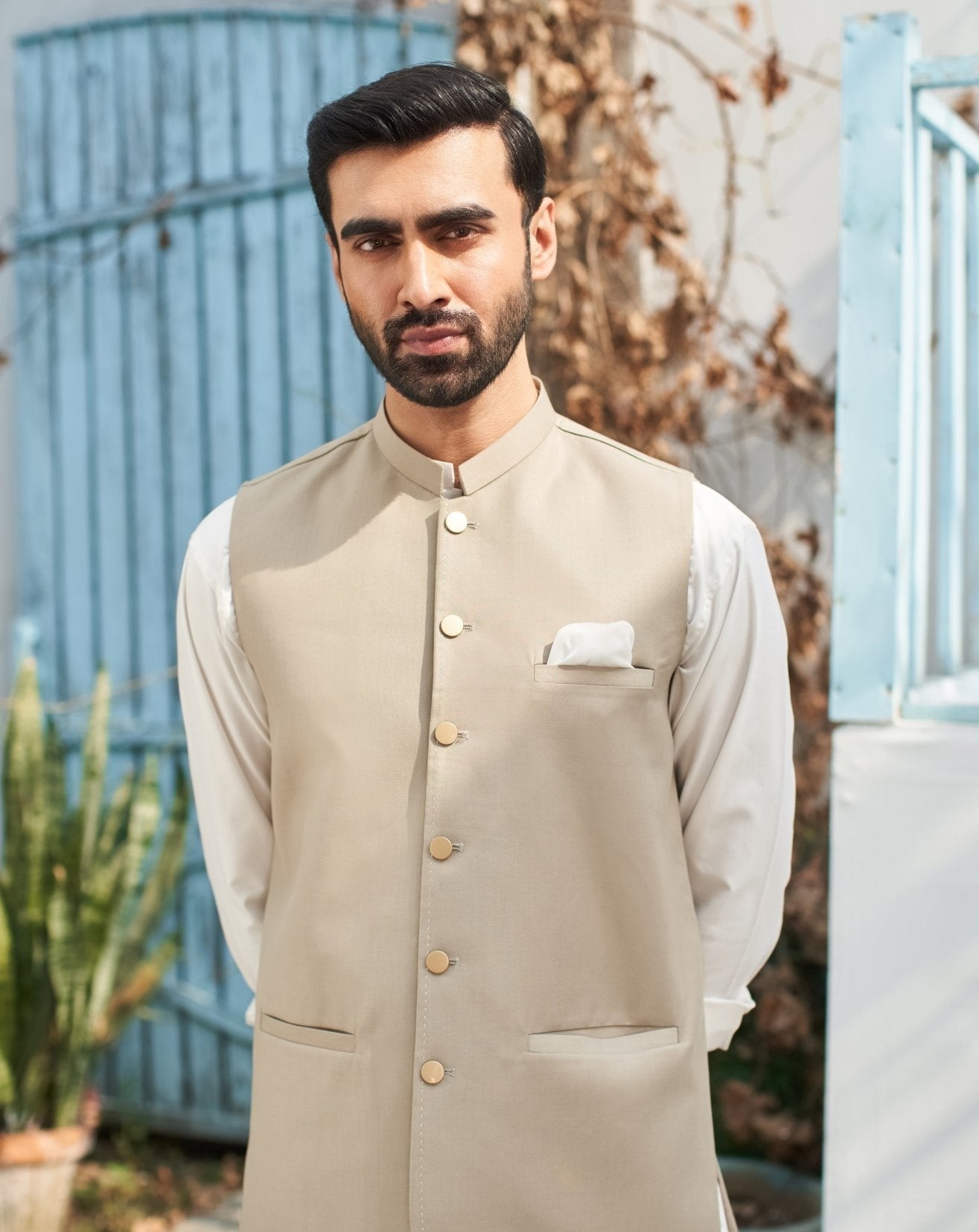Beige waistcoat on off White kameez shalwar - 3PC - Man