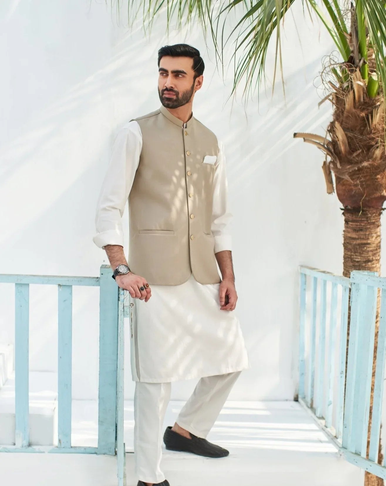 Beige waistcoat on off White kameez shalwar - 3PC - Man