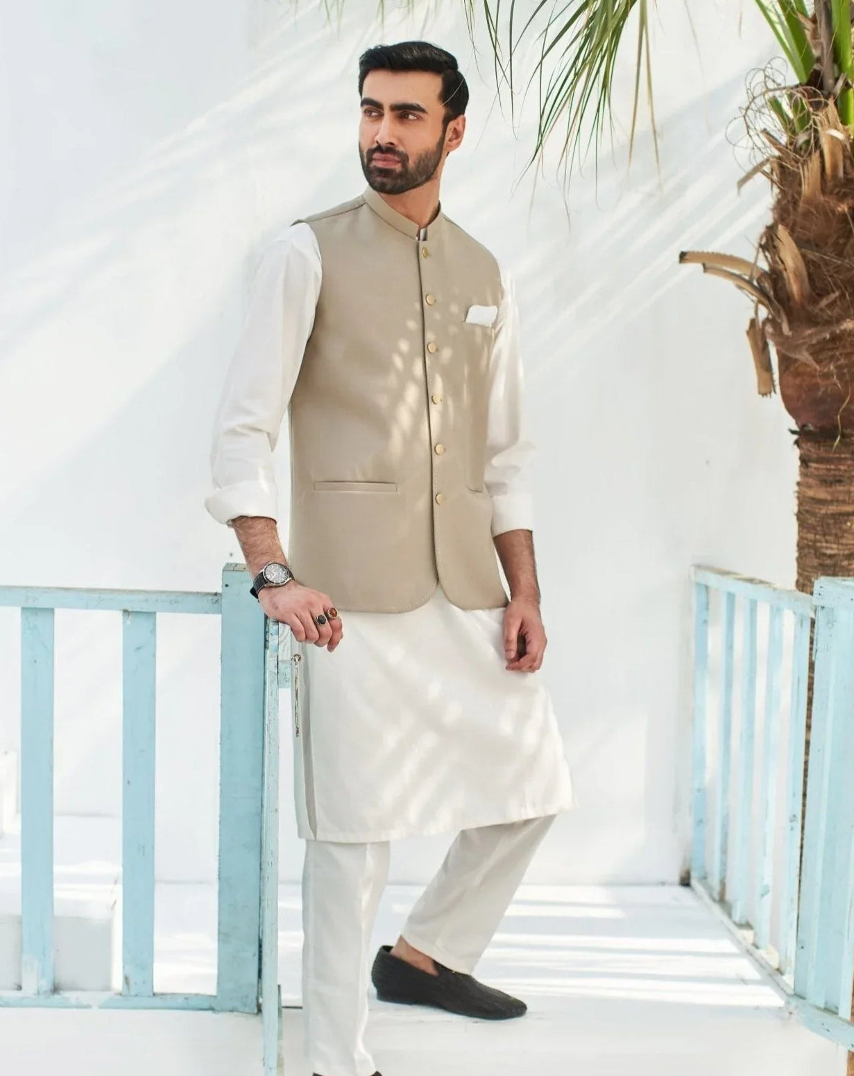 Beige waistcoat on off White kameez shalwar - 3PC - Man