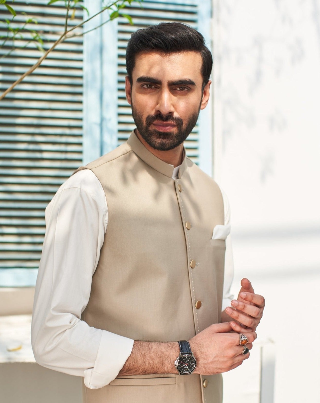 Beige waistcoat on off White kameez shalwar - 3PC - Man
