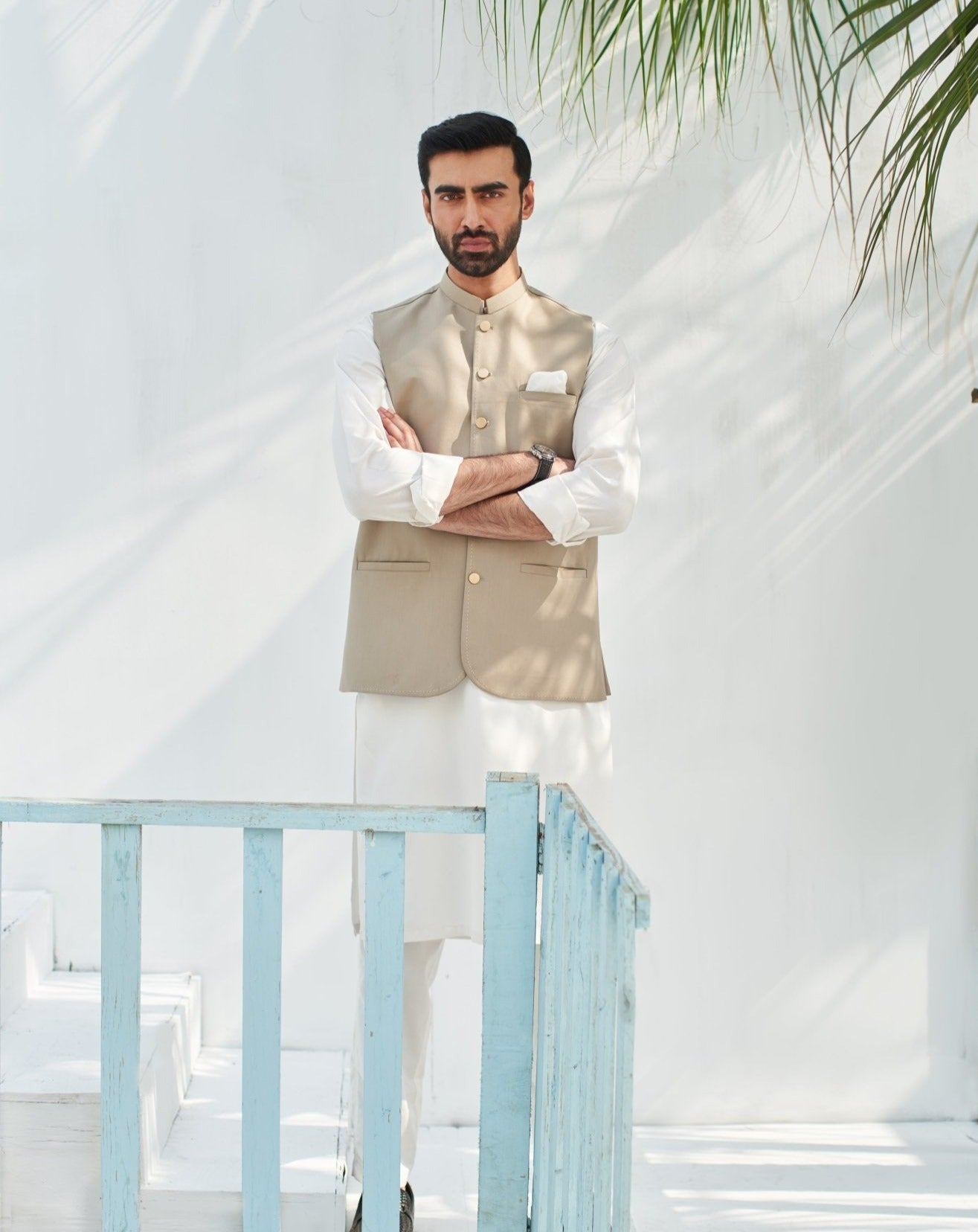 Beige waistcoat on off White kameez shalwar - 3PC - Man