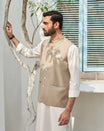 Beige waistcoat on off White kameez shalwar - 3PC - Man