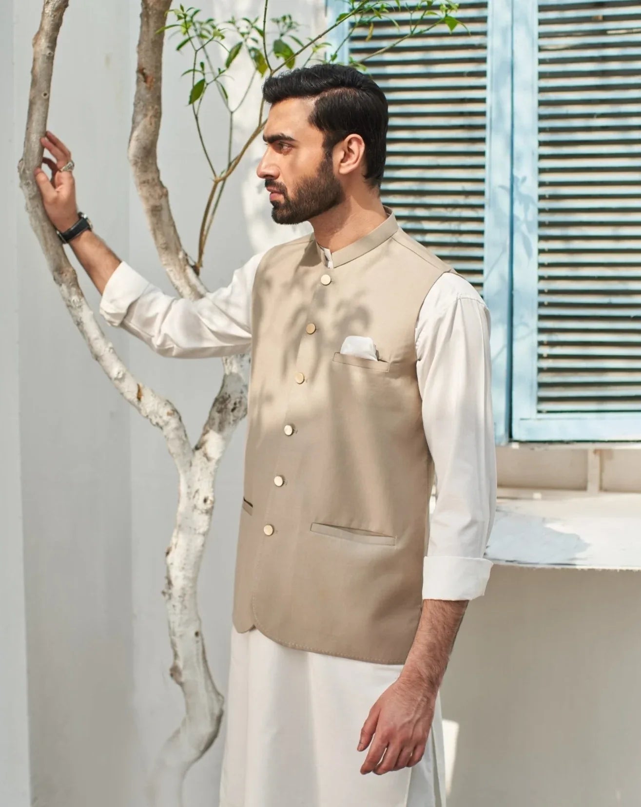 Beige waistcoat on off White kameez shalwar - 3PC - Man