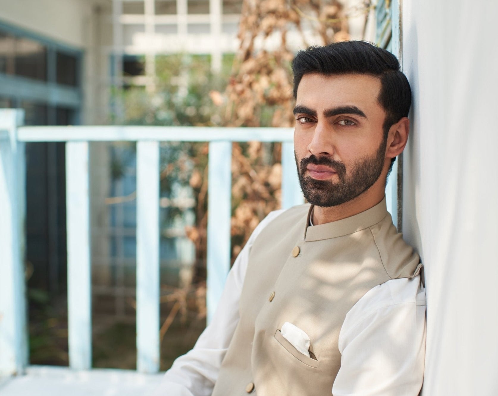 Beige waistcoat on off White kameez shalwar - 3PC - Man