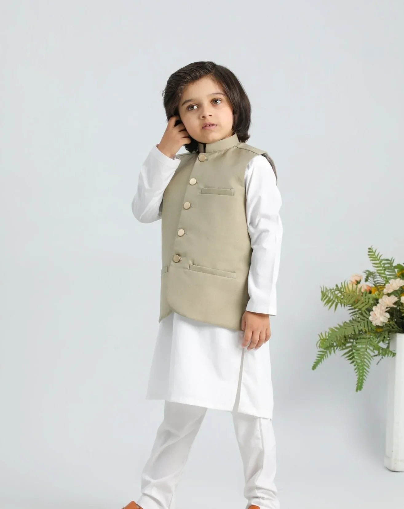 Off white kurta trouser and beige waistcoat for kids