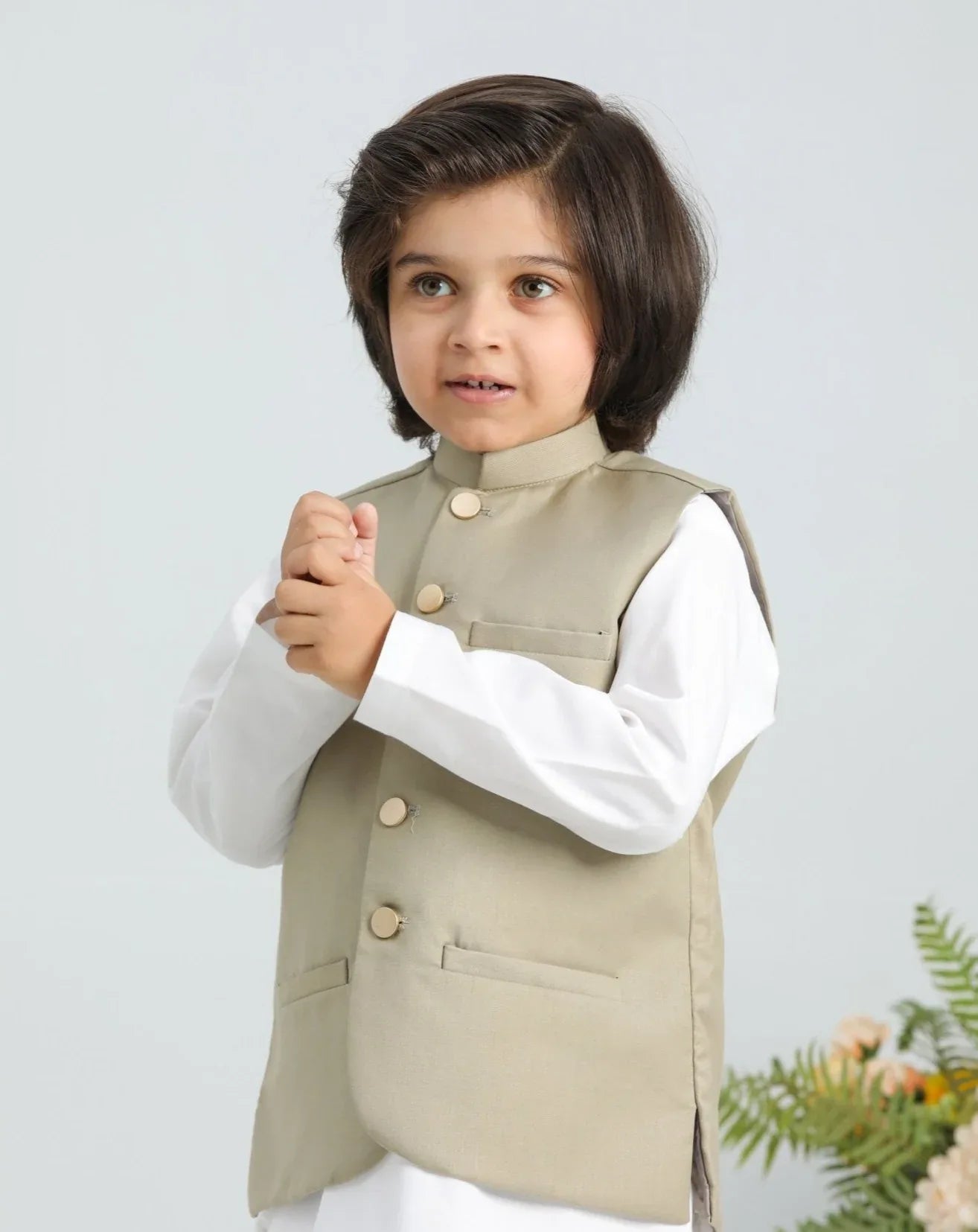 Off white kurta trouser and beige waistcoat for kids