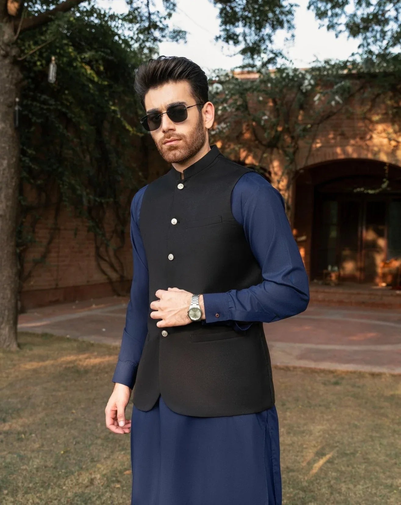 Navy Blue kameez shalwar with black waistcoat for men