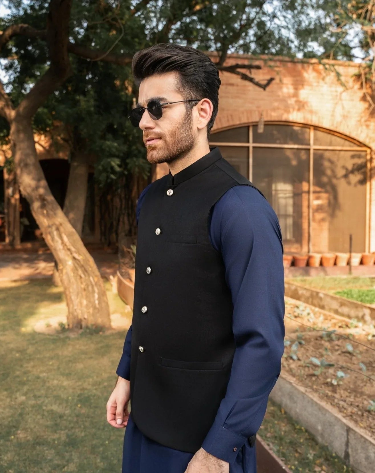 Navy Blue kameez shalwar with black waistcoat for men