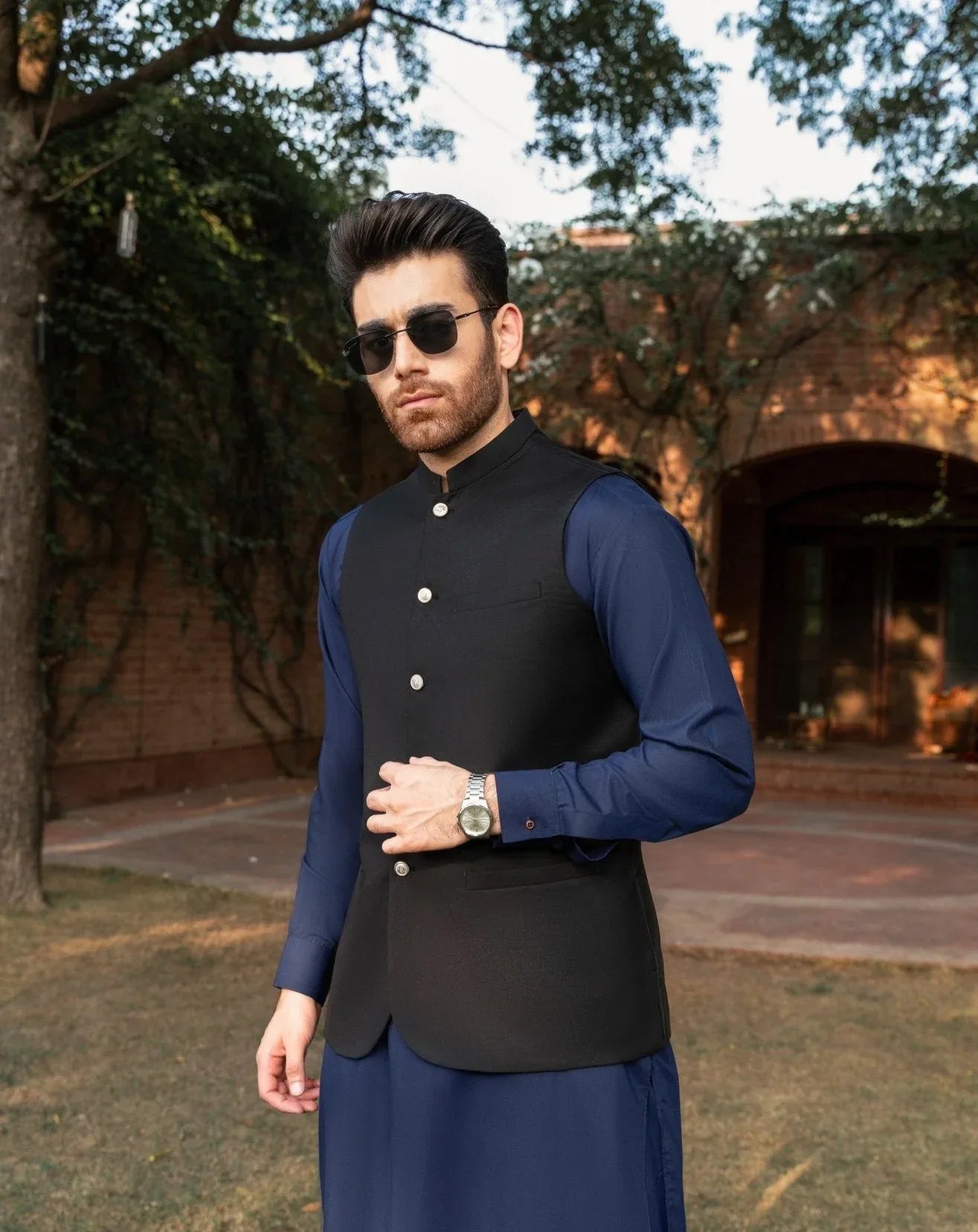 Men'S Black Self-Designed Black Waistcoat