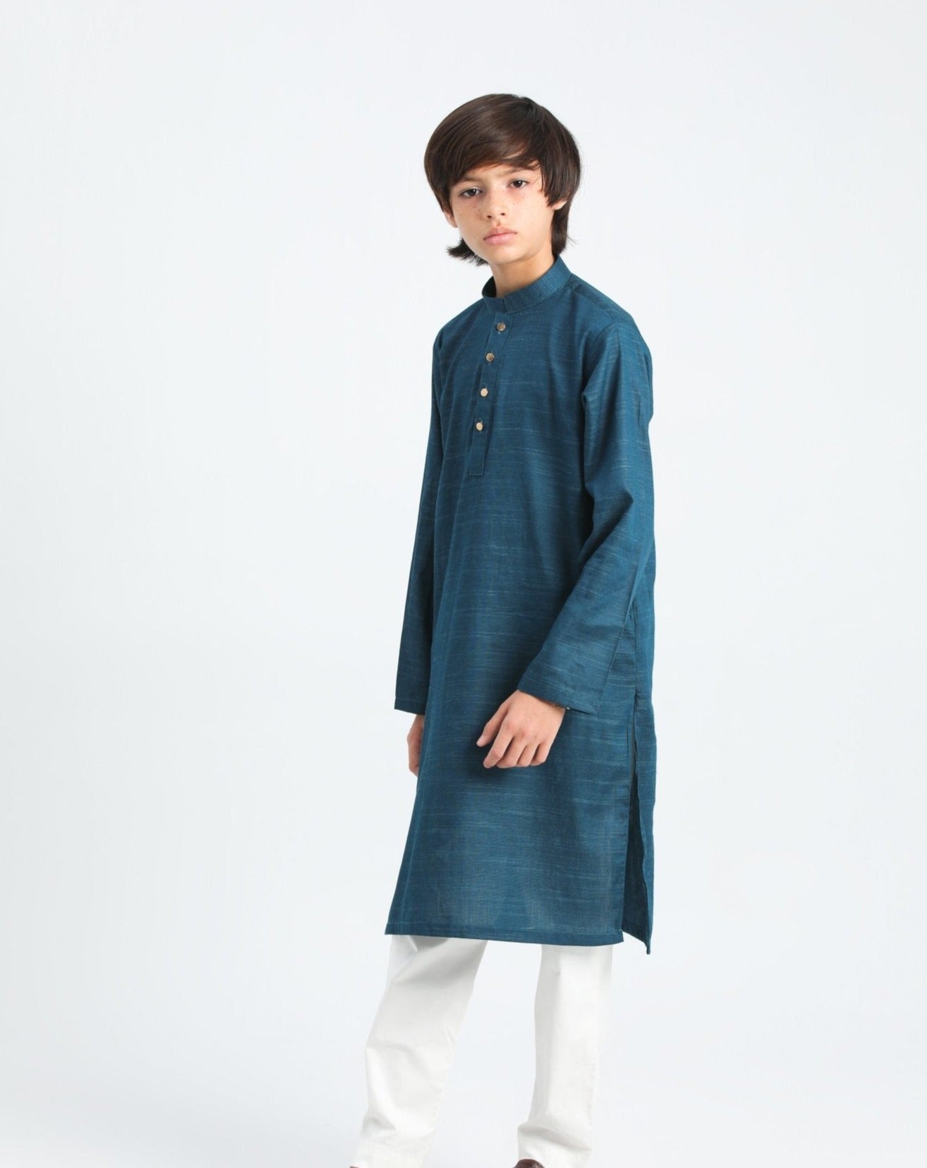 Blue Textured Cotton Kurta Trouser - Kids
