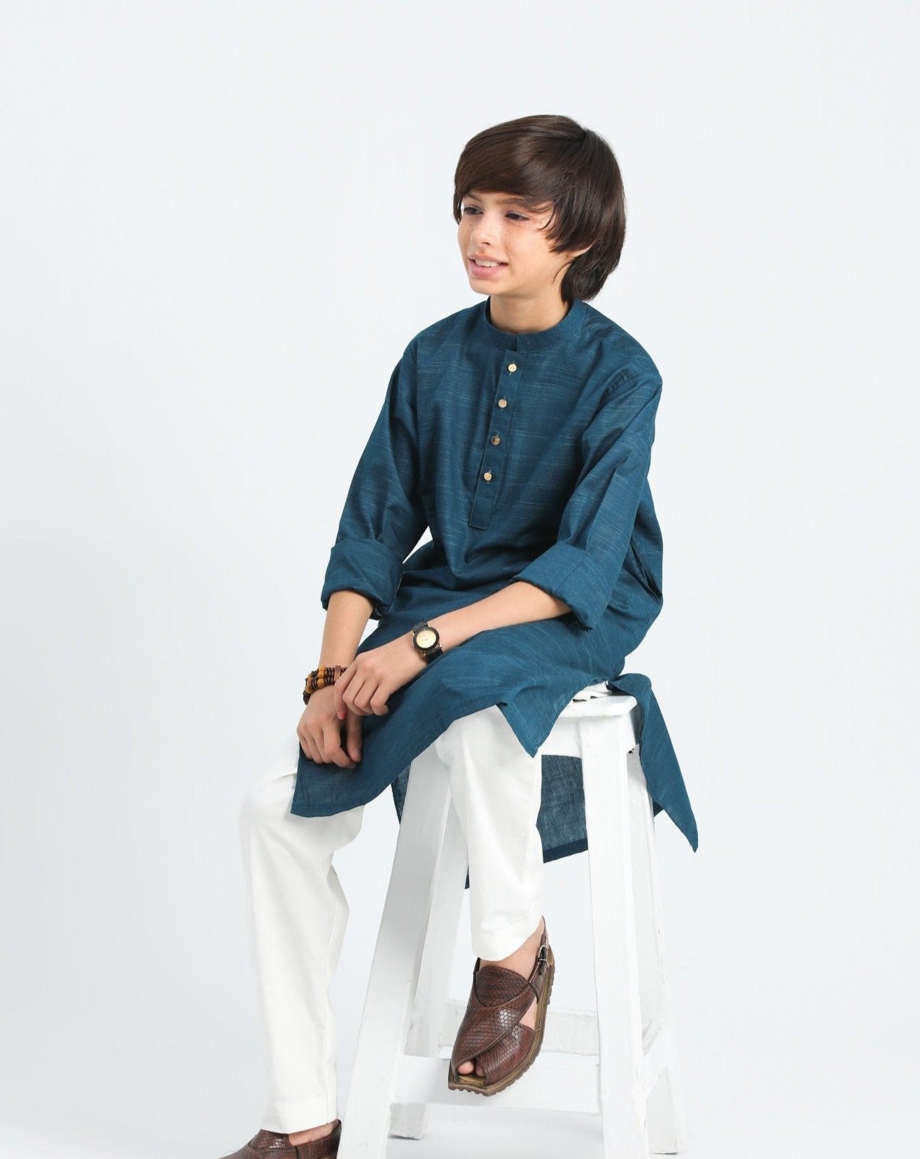 Blue Textured Cotton Kurta Trouser - Kids