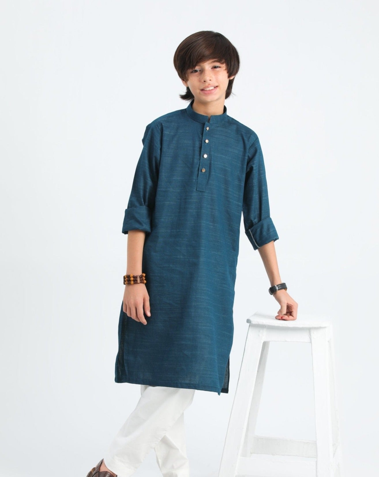 Blue Textured Cotton Kurta Trouser - Kids