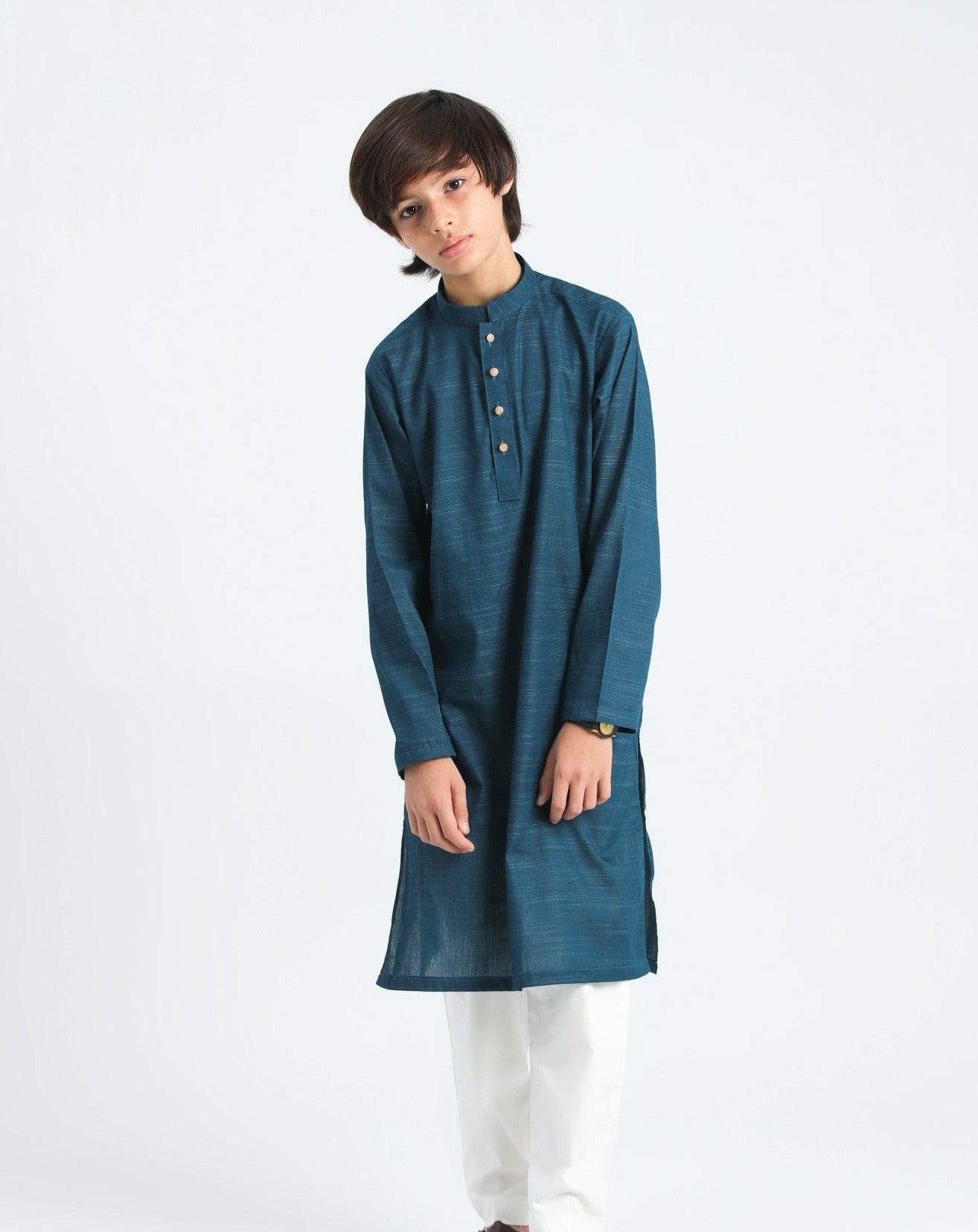Blue Textured Cotton Kurta Trouser - Kids