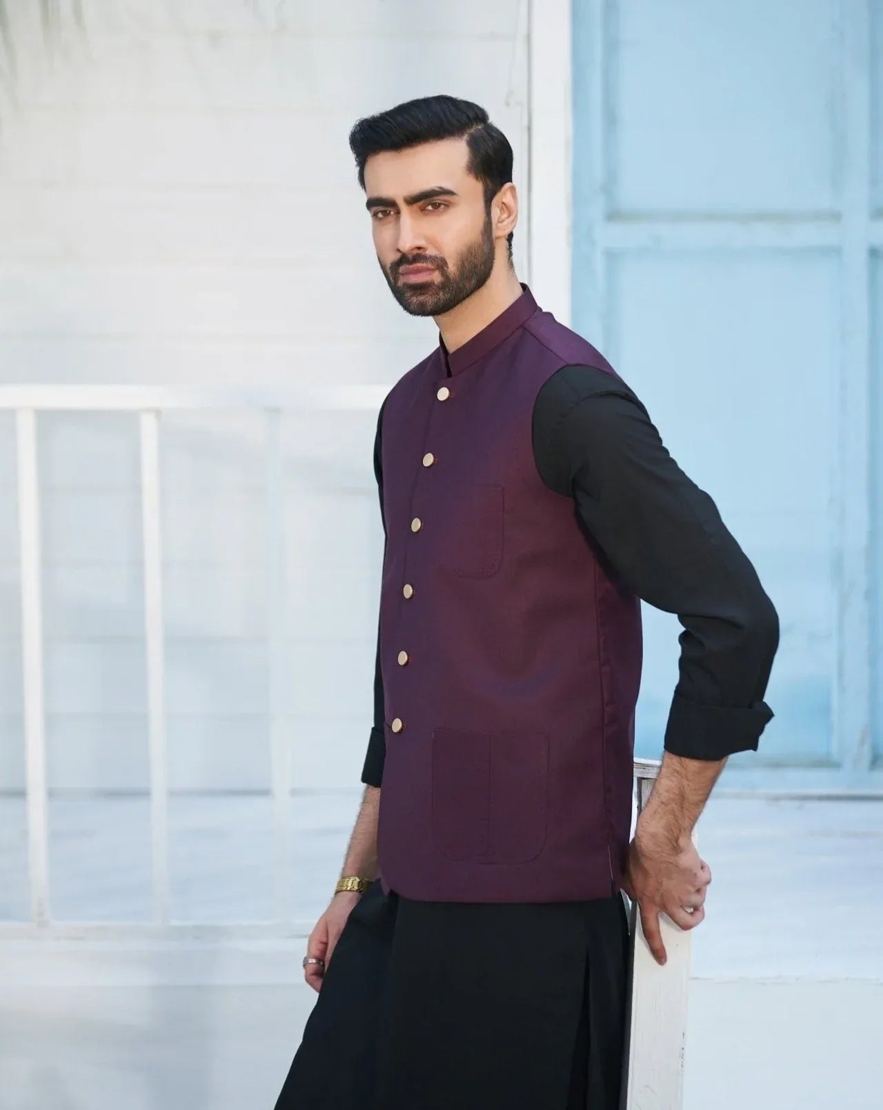 Burgundy waistcoat on Black kameez shalwar - 3PC