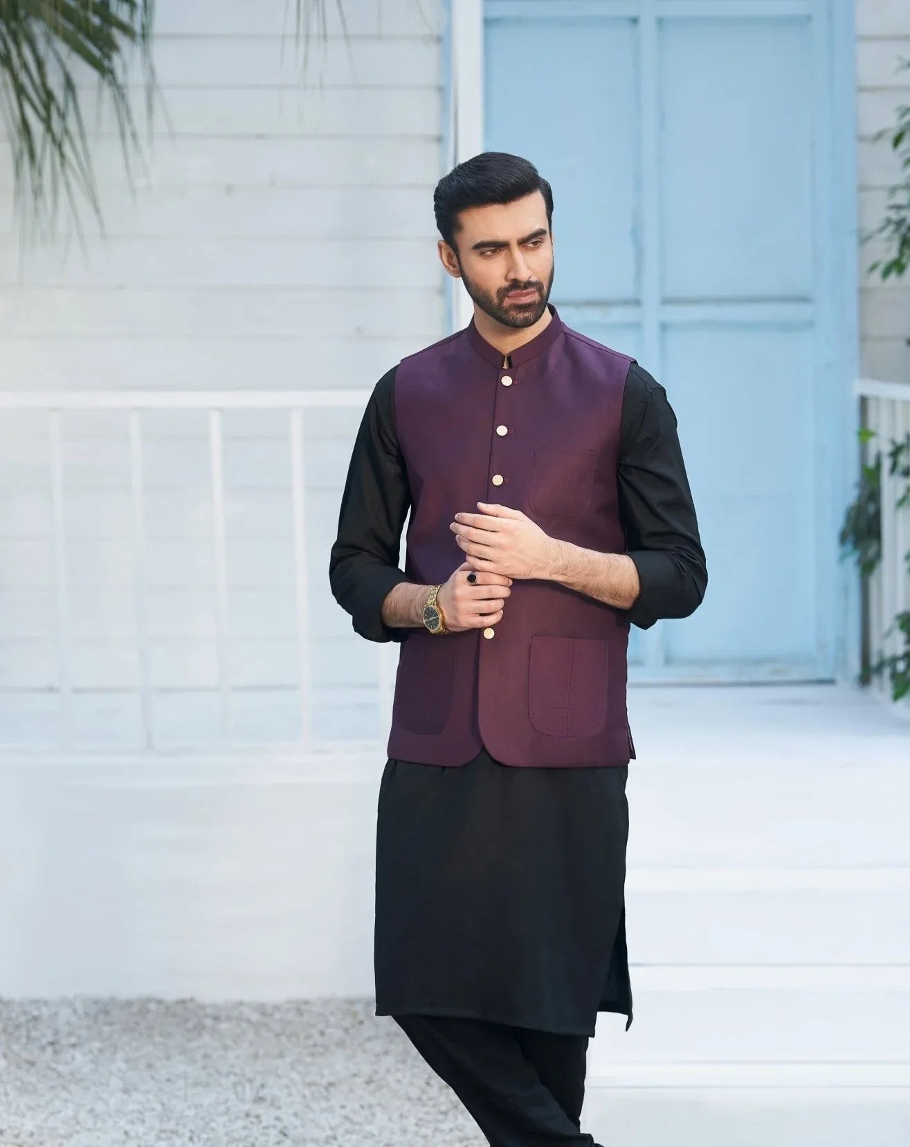 Burgundy waistcoat on Black kameez shalwar - 3PC