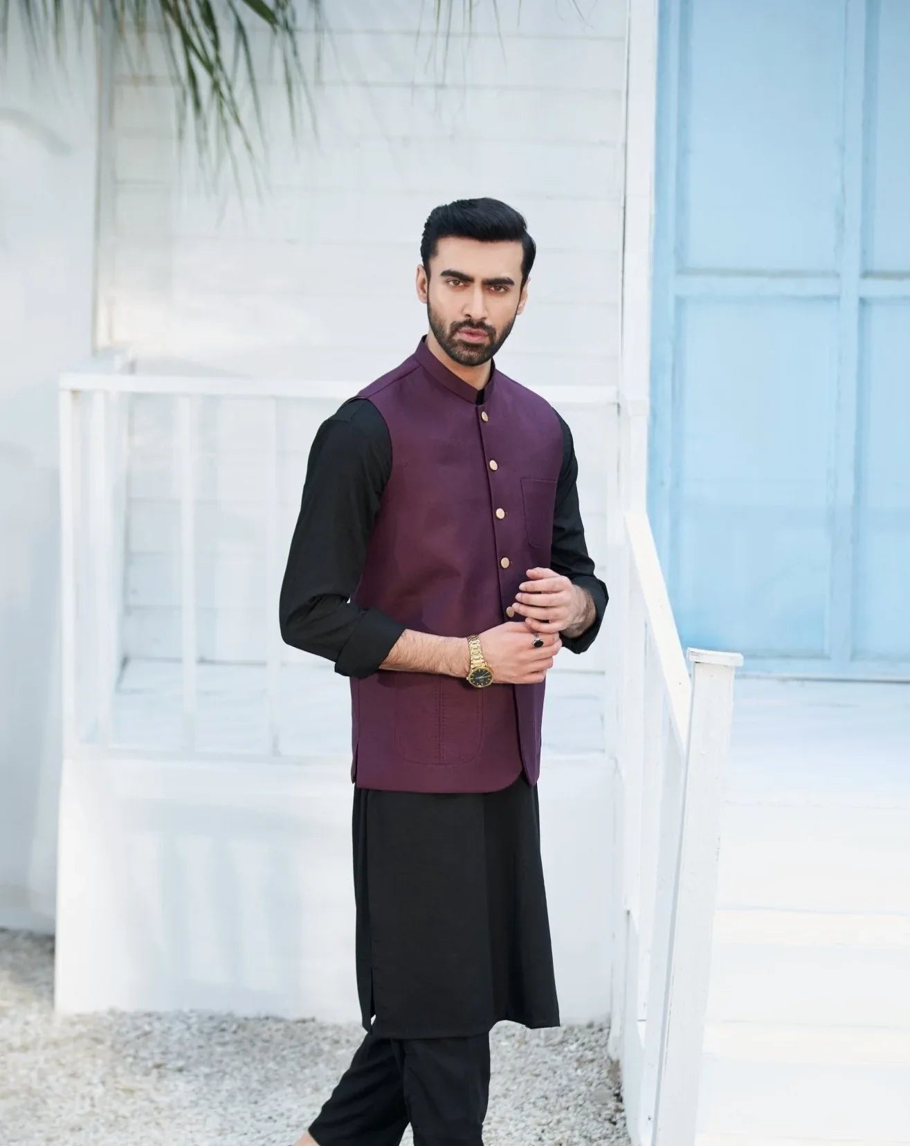 Burgundy waistcoat on Black kameez shalwar - 3PC