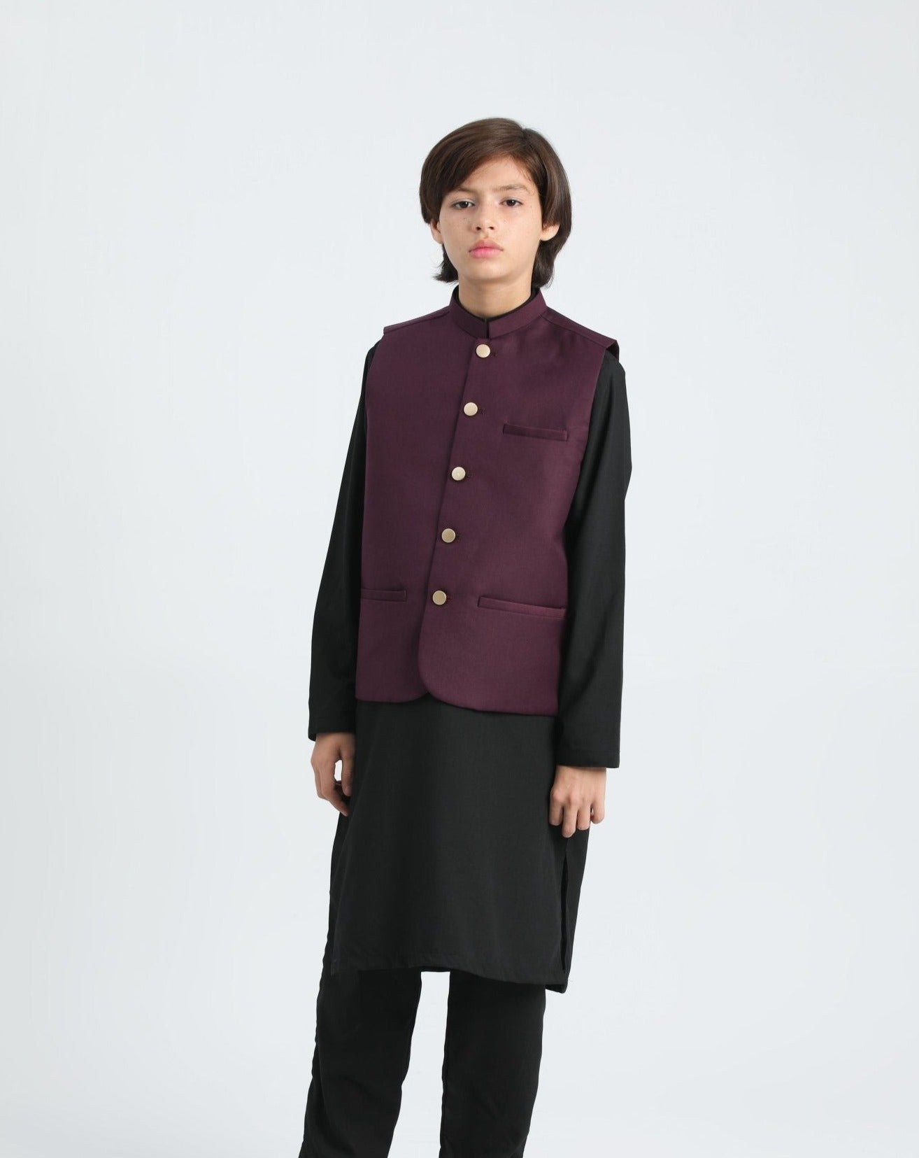 Burgundy waistcoat on Black kurta trouser - Kidswear - 3PC