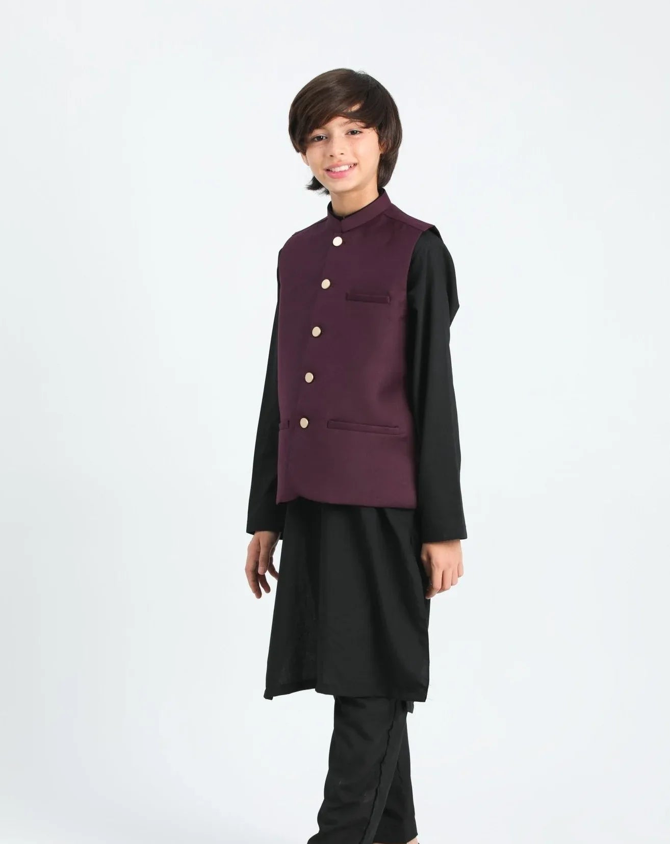 Burgundy waistcoat on Black kurta trouser - Kidswear - 3PC