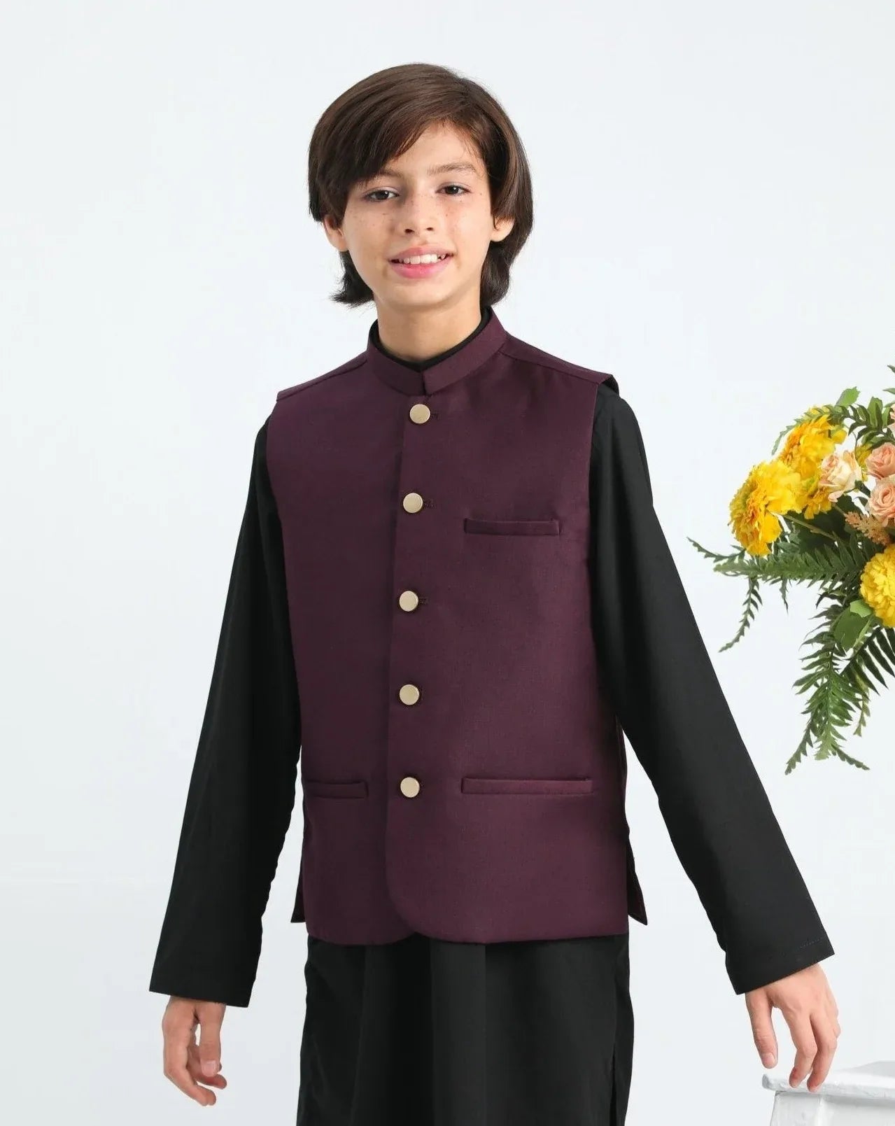 Burgundy waistcoat on Black kurta trouser - Kidswear - 3PC