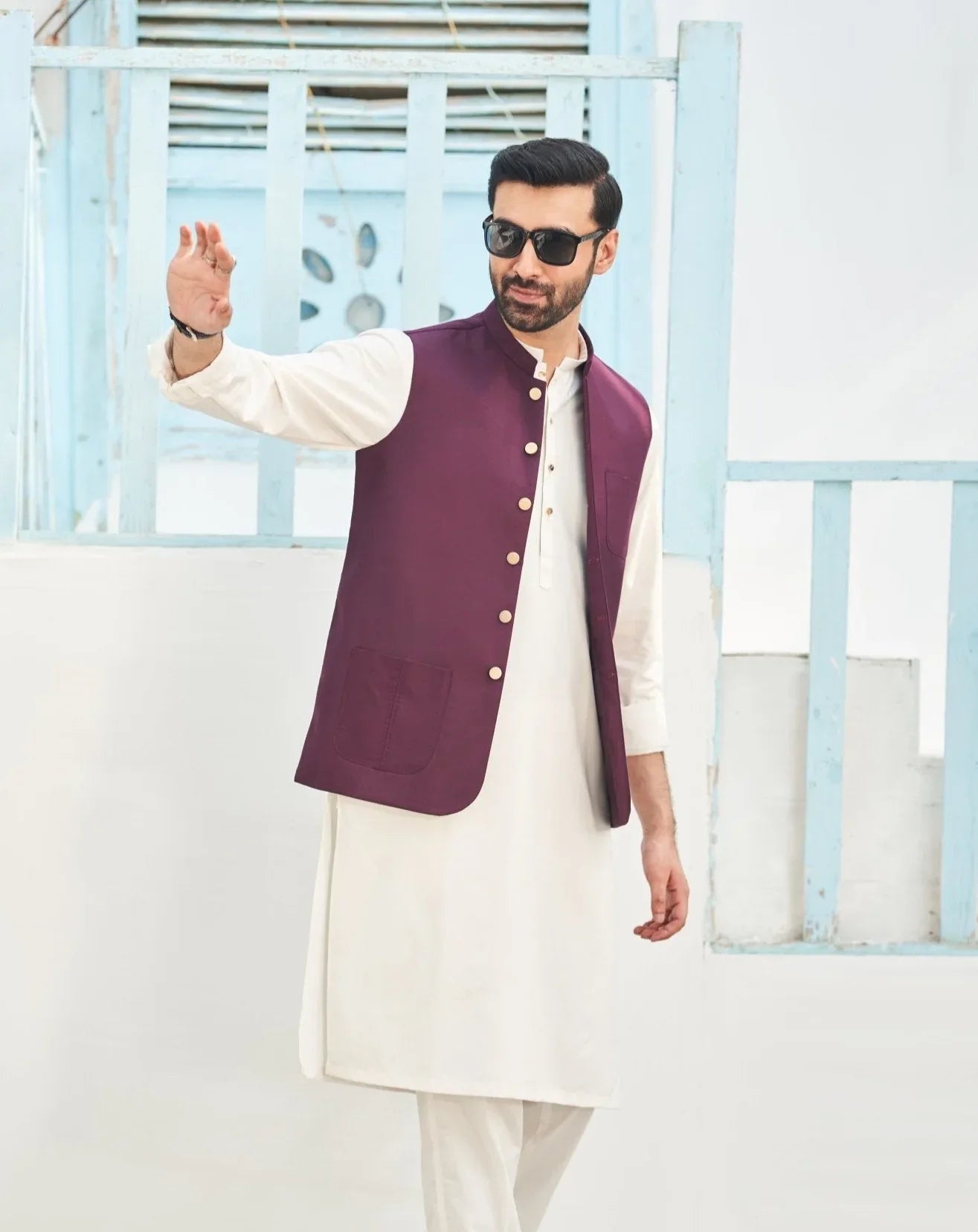 Premium Purple Waistcoat on White Kurta and Trouser Muraqsh Menswear