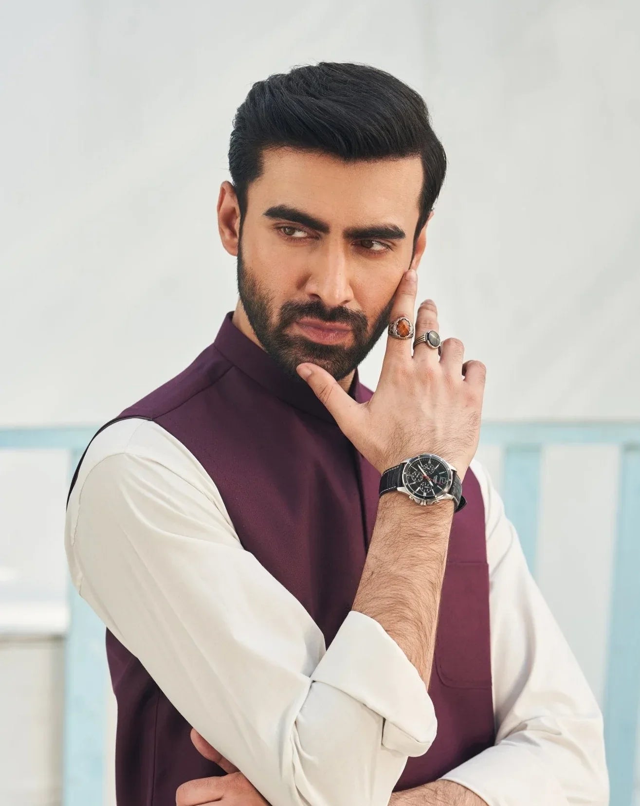 Burgundy waistcoat on Off White kameez shalwar- 3PC - Man