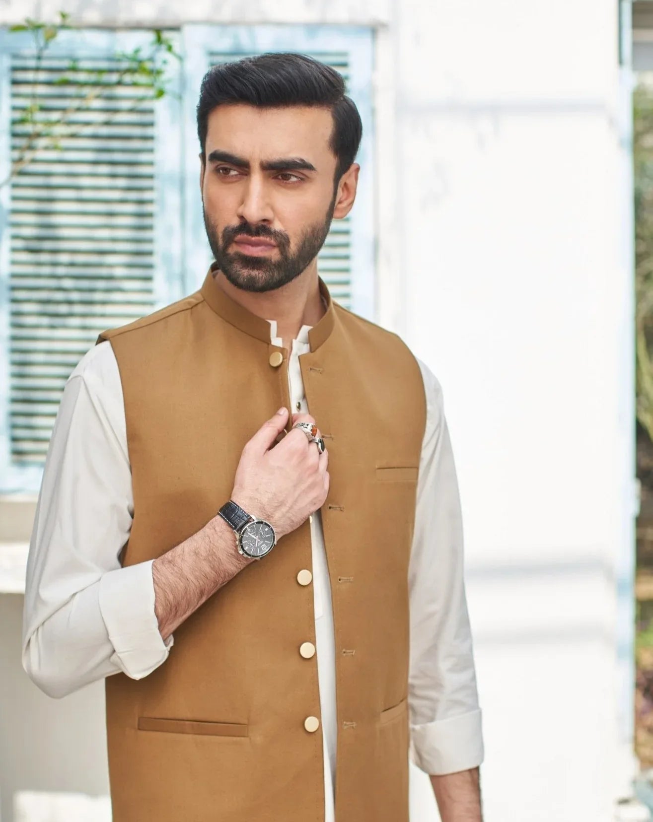 Off white kameez shalwar and camel brown waistcoat for men