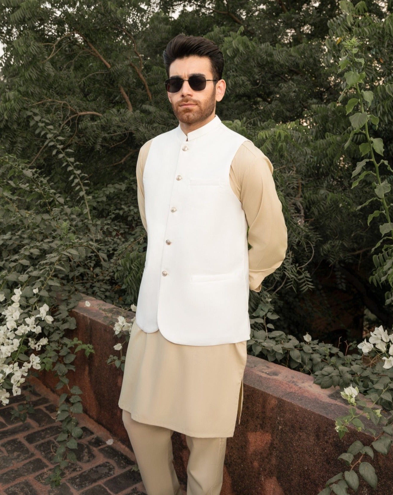 Ivory shalwar kameez with off white waistcoat for men - 3PC