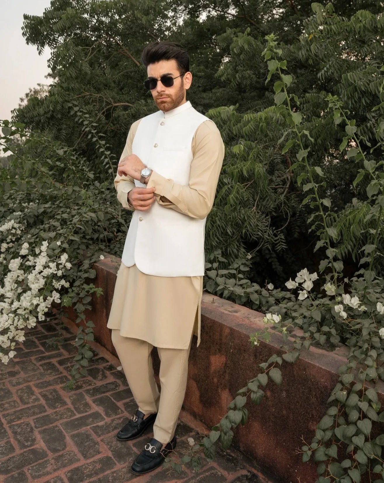 Ivory shalwar kameez with off white waistcoat for men - 3PC