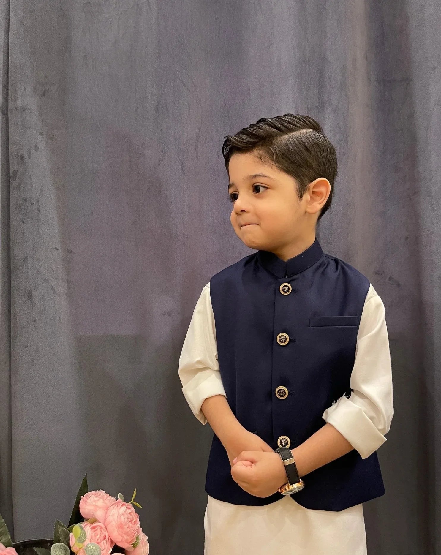 Navy Blue waistcoat and Off-White Kurta Trouser - Kidswear - 3PC