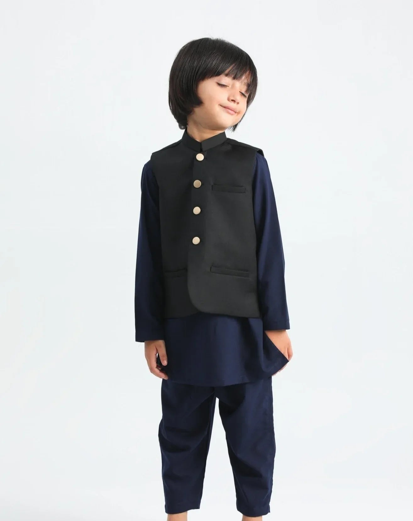 Navy Blue Kurta Trouser and Black waistcoat - 3PC Set