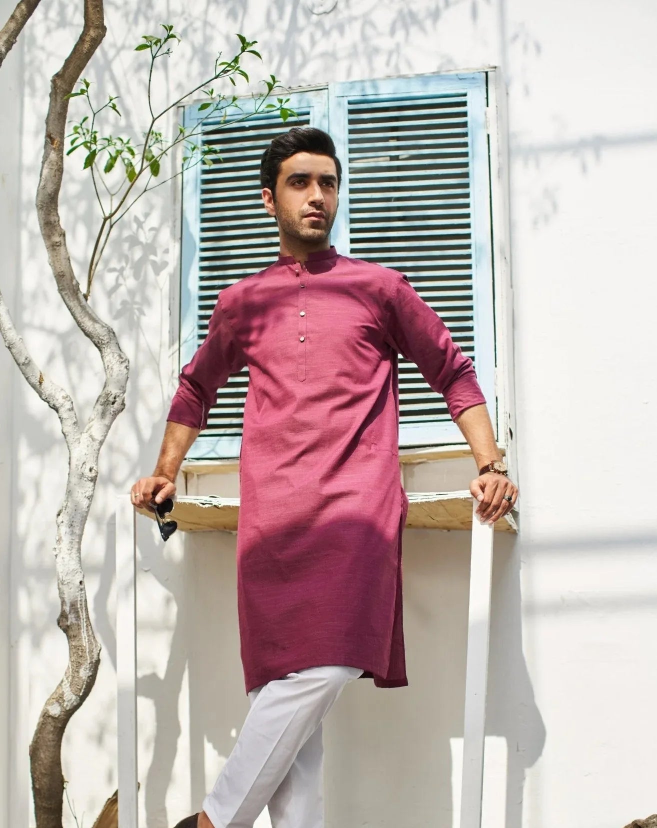 Textured Wine Cotton Kurta - MuraqshMuraqsh