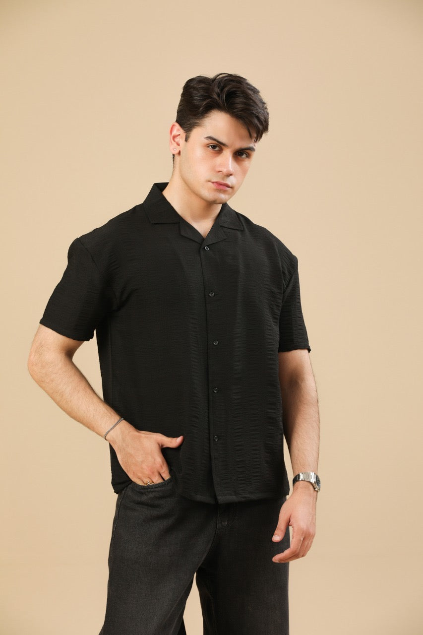 Black Textured Oversized Resort Collar Button Down - Men